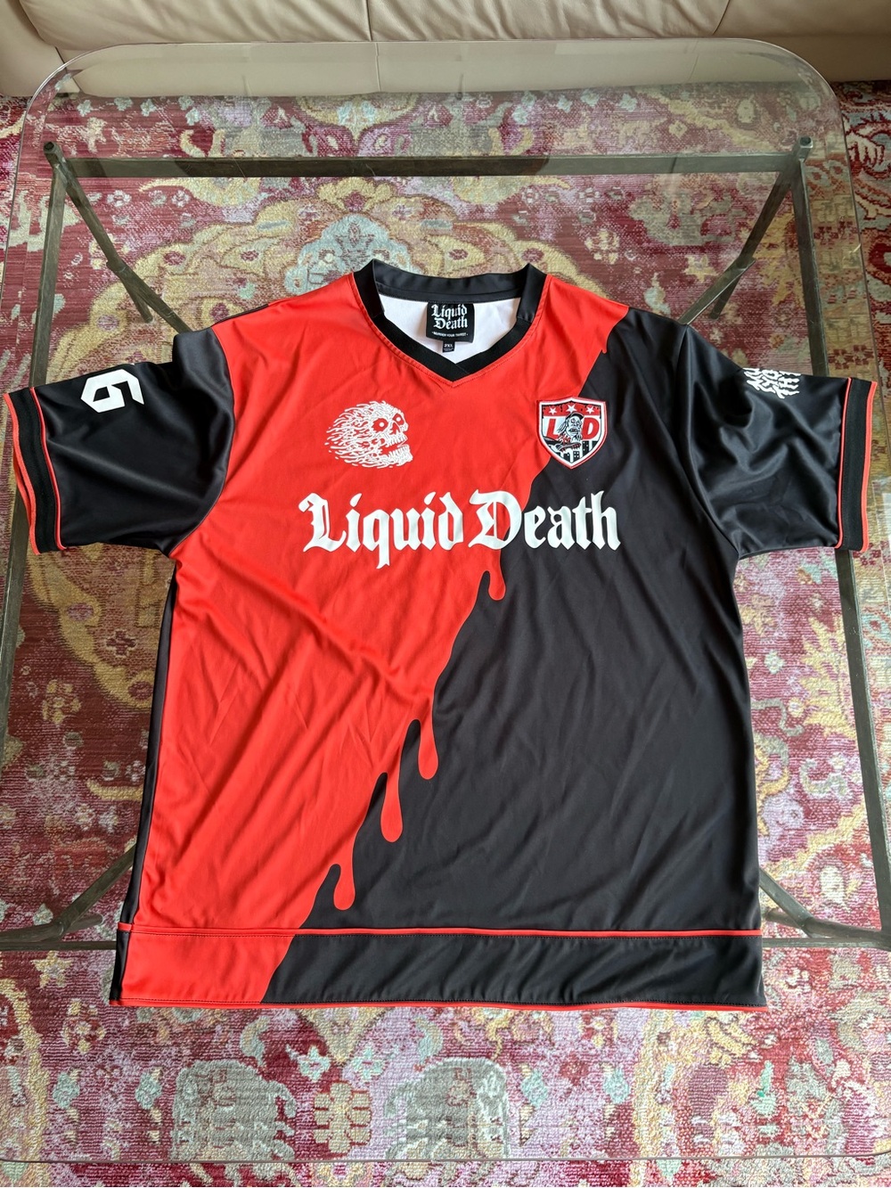 Liquid Death Men’s Red & Black Short Sleeve Jersey Shirt